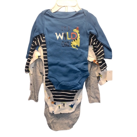 Koala baby long sleeve 4 pack of blue/gray dinosaur bodysuits, 0-3 months - Picture 2 of 8